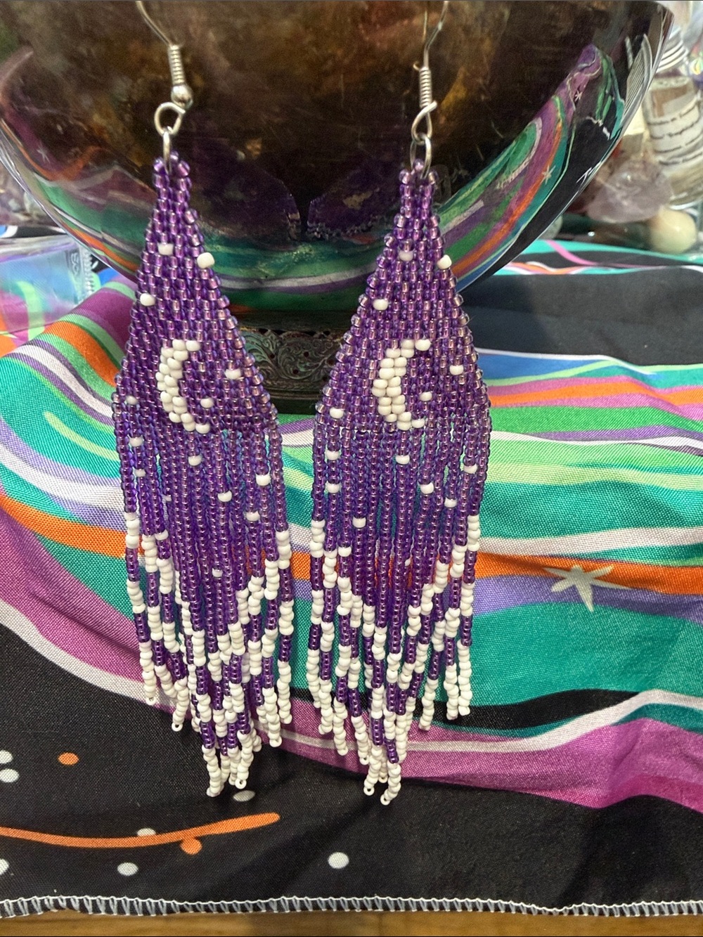 Hand Crafted Purple and White Beaded Fringe Earrings with Crescent Motif